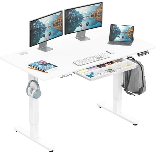 SHW 55x28 Electric Standing Desk with Drawer (White)